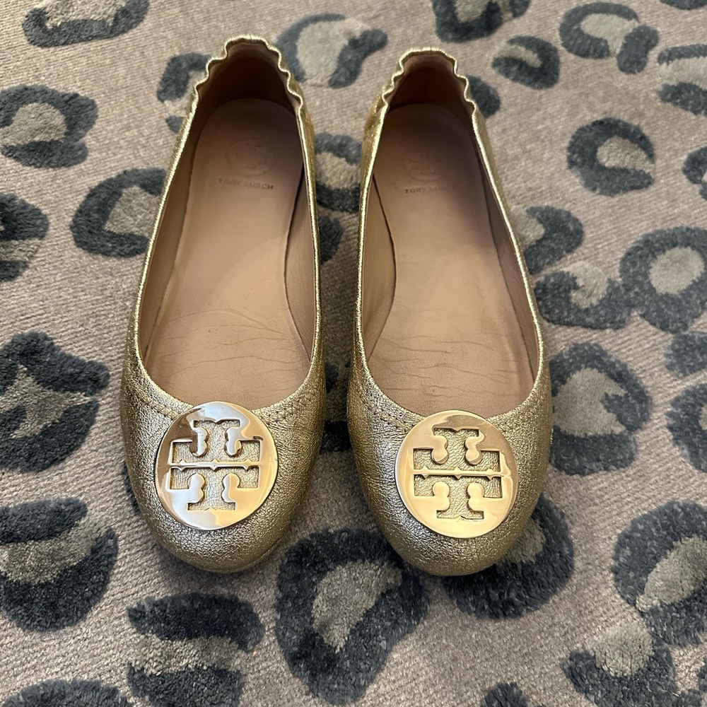 TORY BURCH Minnie Travel Ballet Flats Gold Metallic US Size 7.5